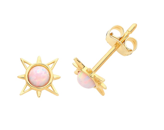 Small 9ct Yellow Gold & Opal 6mm Sun Stud Earrings - Real 9K Gold