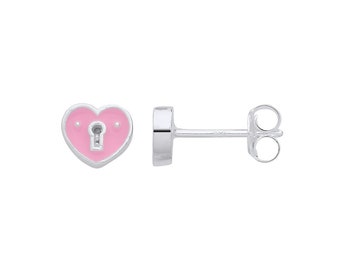 925 Sterling Silver Small 6mm Pink Enamel Heart Keyhole Stud Earrings