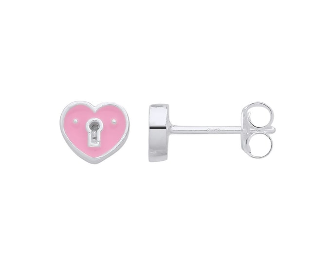 925 Sterling Silver Small 6mm Pink Enamel Heart Keyhole Stud Earrings