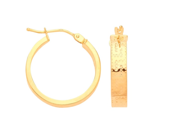 9ct Yellow 18mm Diameter Flat Greek Key Pattern Hoop Earrings - Real 9K Gold