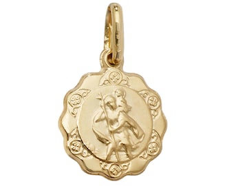 9ct Yellow Gold Scalloped Edge Hollow St Christopher Medallion Charm Pendant - Real 9K Gold