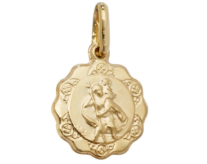 9ct Yellow Gold Scalloped Edge Hollow St Christopher Medallion Charm Pendant - Real 9K Gold