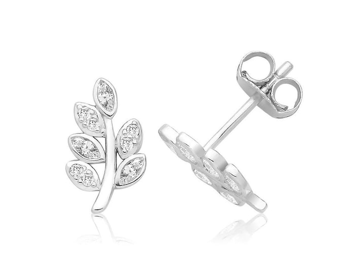 Sterling Silver CZ Leaf Stud Earrings 12x7mm