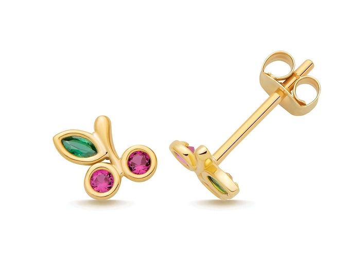 9K Gold Red Cz Cherry Tree Fruit Stud Earrings 6x5mm