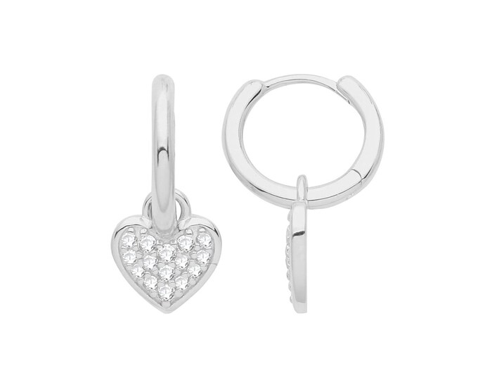 925 Sterling Silver 10mm Hinged Hoop Earrings With Pave cz Heart Drop Charm Rhodium Plated