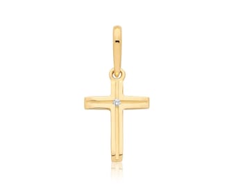 Tiny 9ct Yellow Gold 1.6cm Cross Charm Pendant Set With Cz Stone - Real 9K Gold