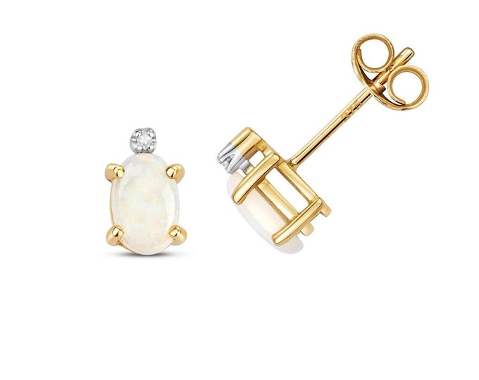 9ct Gold Diamond & Oval 6x4mm 0.50ct Opal Stud Earrings - Real 9K Gold