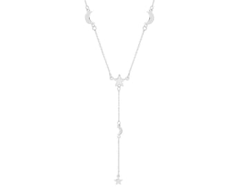 Interstellar Moon & Star Link Charm 16"-18" Lariat Necklace Rhodium Plated Silver