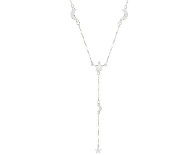 Interstellar Moon & Star Link Charm 16"-18" Lariat Necklace Rhodium Plated Silver