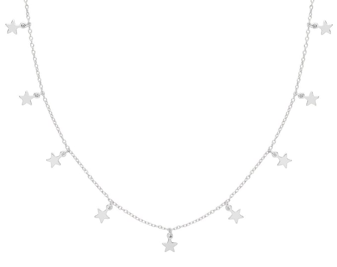 Contemporary Interstellar Nine Star Drop Charm 16"-18" Necklace Rhodium Plated Silver