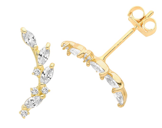 9ct Yellow Gold 12mm Marquise Cz Leaf Climber Stud Earrings - Real 9K Gold