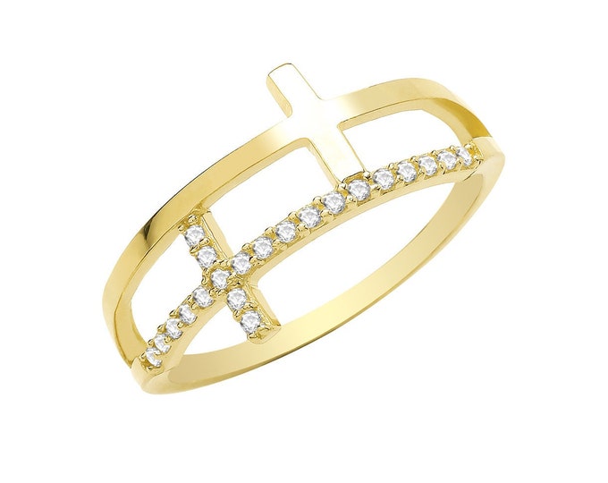 Ladies 9ct Yellow Gold Sideways Double Cross Pave Cz Ring Hallmarked 375 - Real 9K Gold