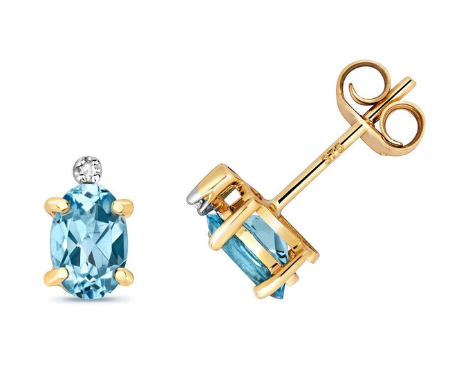 9ct Gold Diamond & Oval Cut 6x4mm 0.20ct Light Blue Topaz Stud Earrings - Real 9K Gold