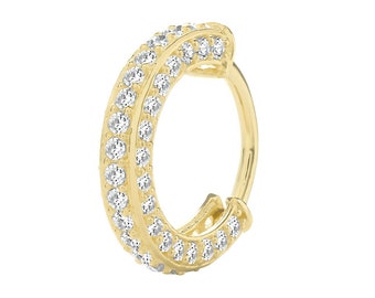 9ct Yellow Gold 8mm Diameter Pave Set Cz  Hinged Cartilage Single Hoop Earring - Real 9K Gold