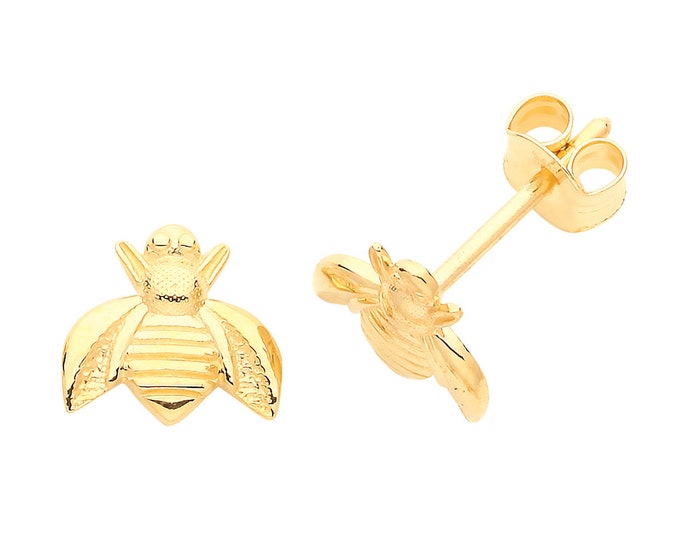 9ct Yellow Gold 6x6mm Small Bumble Bee Stud Earrings - Real 9K Gold