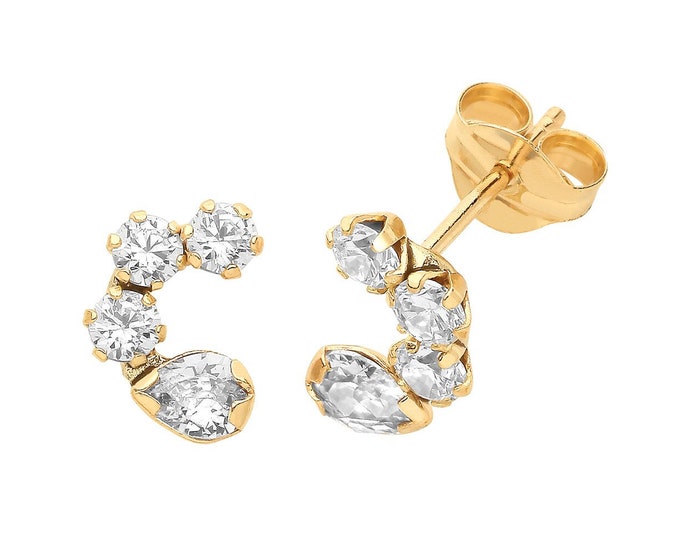 9ct Yellow Gold 9x5mm Pear & Brilliant Cut Cz Curved Climber Stud Earrings - Real 9K Gold