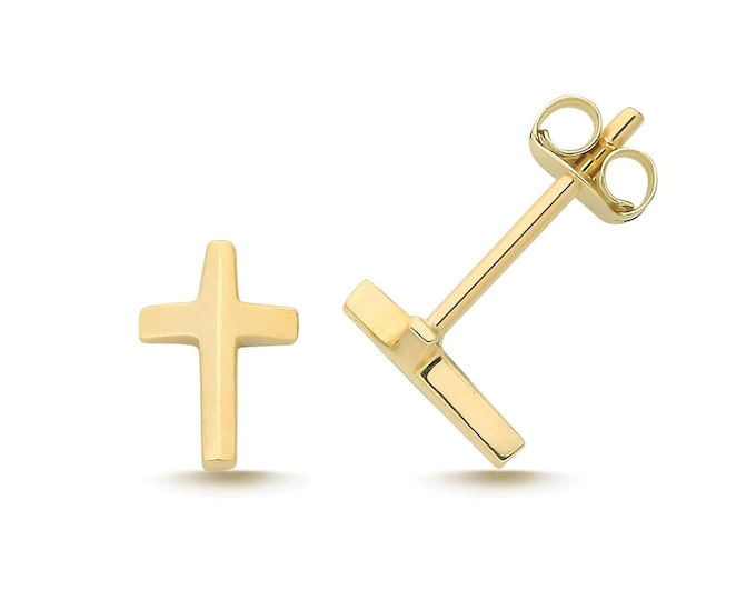 Modern 9ct Yellow Gold Small 7x5mm Plain Polished Cross Stud Earrings- Real 9K Gold