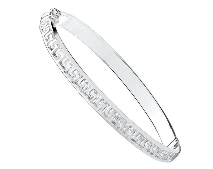 Ladies 925 Sterling Silver 6mm Diamond Cut Greek Key Design Hinged Bangle Hallmarked