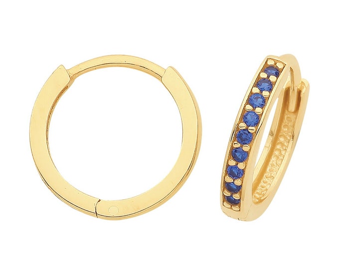 9ct Yellow Gold 10mm Internal Diameter Half Set Sapphire Blue Cz Hinged Hoop Earrings - Real 9K Gold