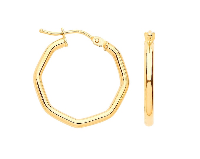 9ct Yellow Gold 2cm Octagonal Tube Shaped Hoop Earrings - Real 9K Gold