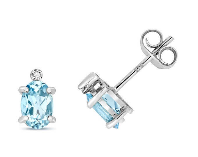 9ct White Gold Diamond & Oval Cut 6x4mm 0.16ct Light Blue Aquamarine Stud Earrings - Real 9K Gold