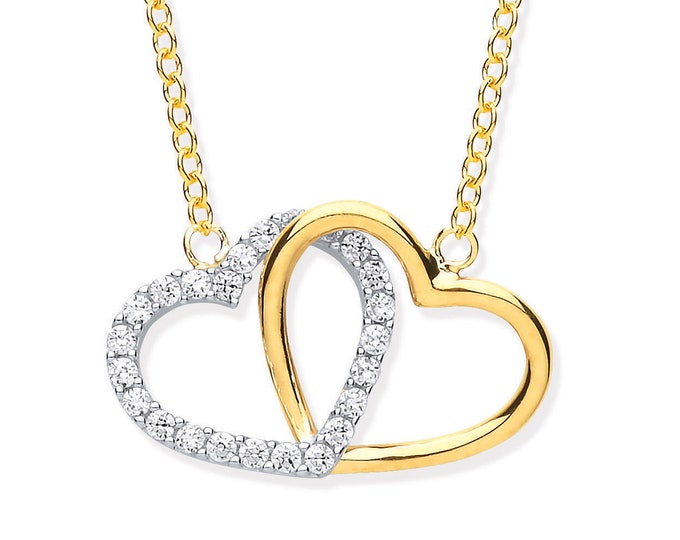 Double Linked Lovers Hearts 16"-18" Necklace 9ct Yellow Gold Pave Cz Stones- Real 9K Gold