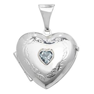 925 Sterling Silver Engraved Heart Shaped 2 Photo Locket With Centre Blue Topaz