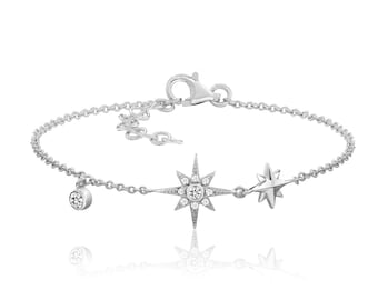 925 Sterling Silver Pave Cz Northern Star 7" Charm Bracelet Rhodium Plated