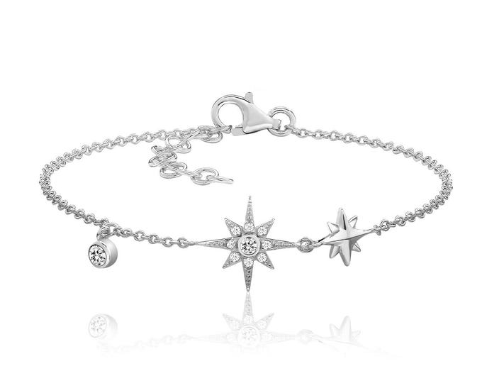 925 Sterling Silver Pave Cz Northern Star 7" Charm Bracelet Rhodium Plated