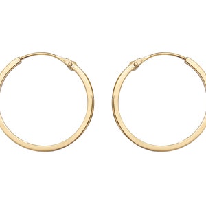 9ct Yellow Gold 14mm Diameter Hinged Threader Sleeper Flat Hoop Earrings - Real 9K Gold