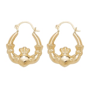9ct Yellow Gold 14mm Hollow Irish Claddagh Baby Creole Hoop Earrings - Real 9K Gold