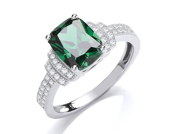 Emerald Green Cz Centre Stone Art Deco 925 Sterling Silver Ring With Pave Set Tiered Shoulders