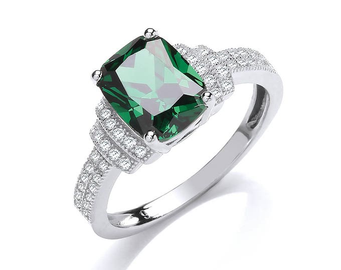 Emerald Green Cz Centre Stone Art Deco 925 Sterling Silver Ring With Pave Set Tiered Shoulders