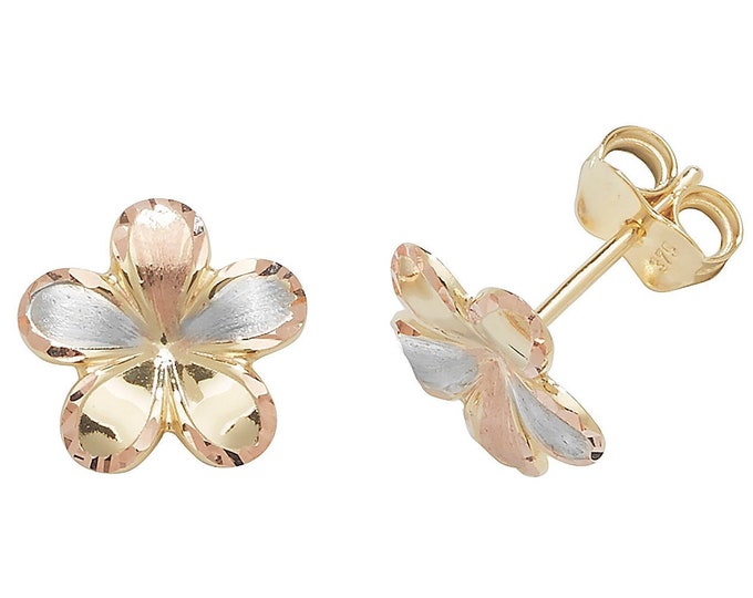 9ct Tri Colour Gold 10mm Buttercup Flower Stud Earrings - Real 9K Gold