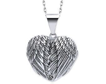925 Sterling Silver Hinged Guardian Angel Wings Heart Shaped Locket