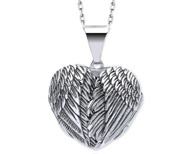 925 Sterling Silver Hinged Guardian Angel Wings Heart Shaped Locket