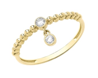 Ladies 9ct Yellow Gold 1.7mm Bobble Bead Ribbed Ring With Bezel Cz Charm Hallmarked 375 - Real 9K Gold