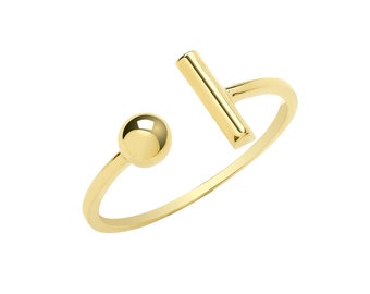 Ladies 9ct Yellow Gold T Bar & Bead Torque Ring Hallmarked 375 - Real 9K Gold