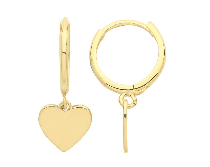 9ct Yellow Gold 10mm Hinged Hoop Earrings With Heart Drop Charm - Real 9K Gold