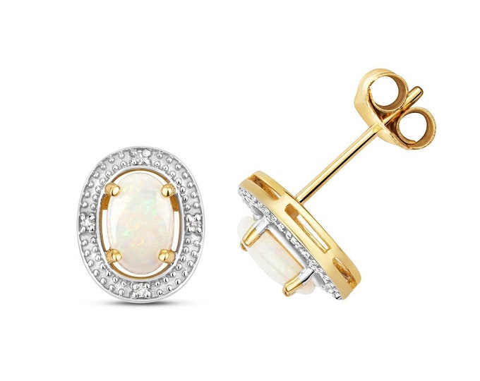 9ct Gold Diamond & Oval Cut 8x6mm Opal Halo Stud Earrings - Real 9K Gold