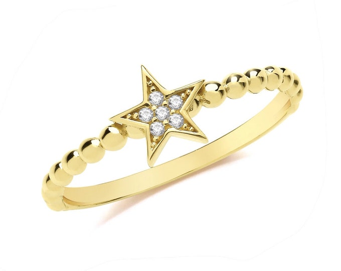 Ladies 9ct Yellow Gold 1.7mm Cz Star Bobble Ribbed Ring Hallmarked 375 - Real 9K Gold