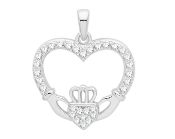 Irish Claddagh Cz Heart Shaped 925 Sterling Silver 15mm Pendant Rhodium Plated