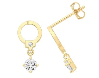 Modern 9ct Yellow Gold Handcuff Stud Earrings With Hanging Cz Stone - Real 9K Gold