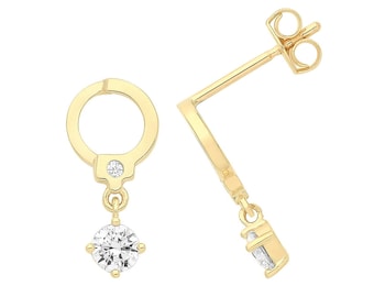 Modern 9ct Yellow Gold Handcuff Stud Earrings With Hanging Cz Stone - Real 9K Gold