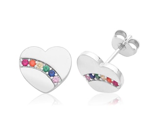925 Sterling Silver Cz 10mm Rainbow Heart Stud Earrings Rhodium Plated