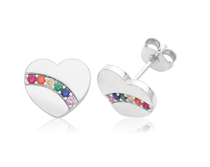 925 Sterling Silver Cz 10mm Rainbow Heart Stud Earrings Rhodium Plated