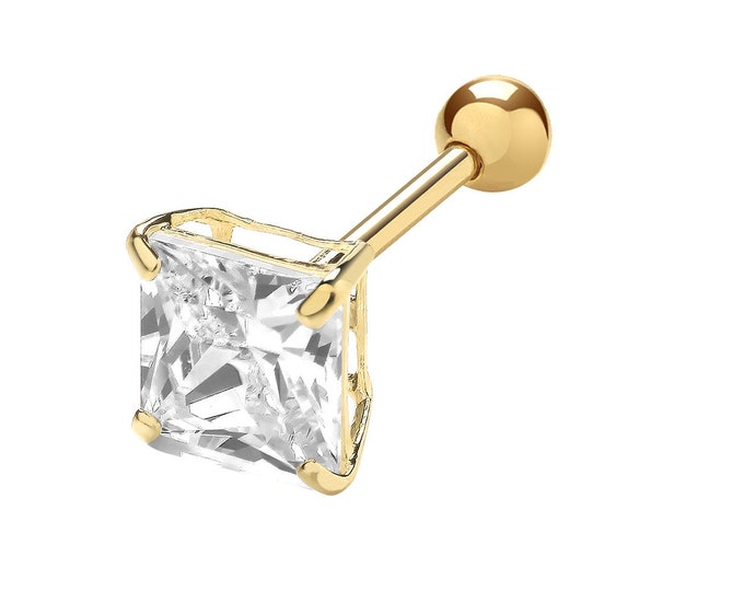 SINGLE 9ct Yellow Gold 5mm Solitaire Princess Cz Cartilage Stud 7mm Post Screw Back Earring - Real 9K Gold