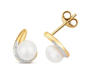 Modern 9ct Yellow Gold Diamond & 5.8mm Fresh Water Pearl Stud Earrings - Real 9K Gold