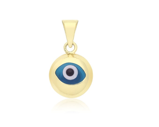 9ct Yellow Gold 8mm Glass Evil Eye Double Sided 3D Charm Pendant - Real 9K Gold