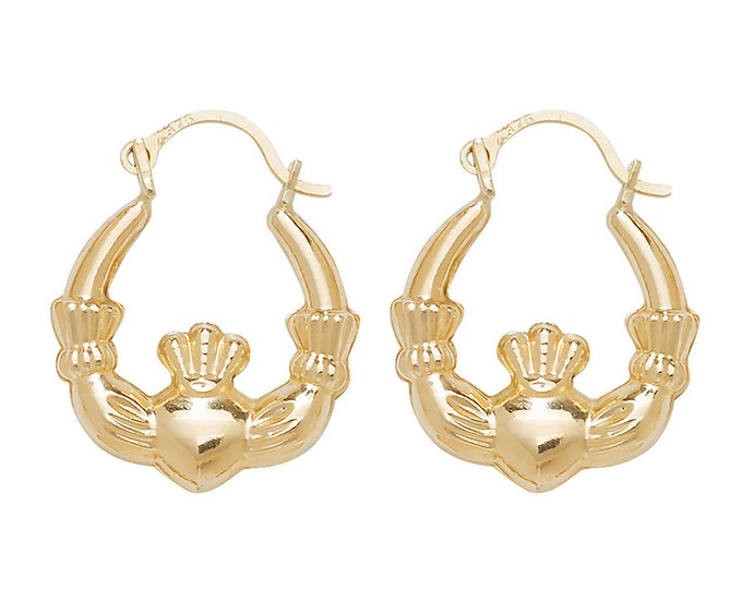 9ct Yellow Gold 14mm Hollow Irish Claddagh Baby Creole Hoop Earrings - Real 9K Gold